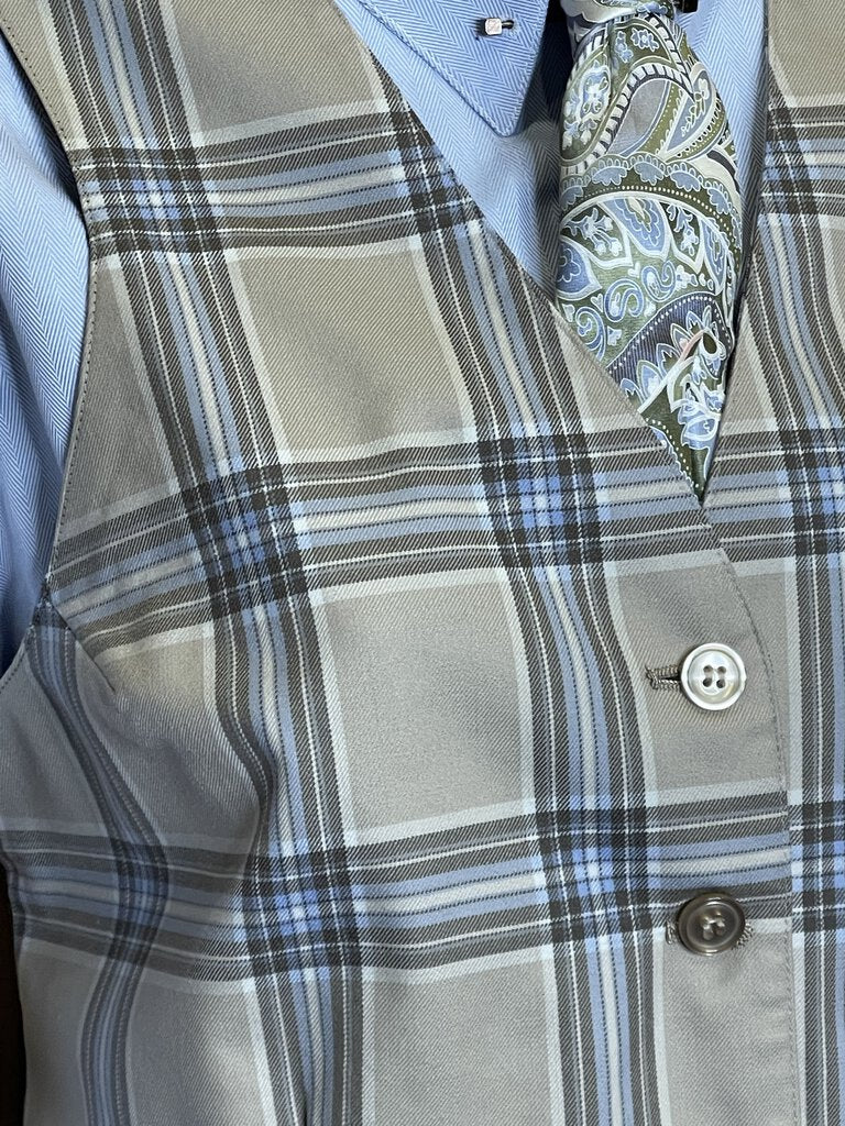 TAN WITH BROWN AND BLUE PLAID BECKER BROTHERS VEST