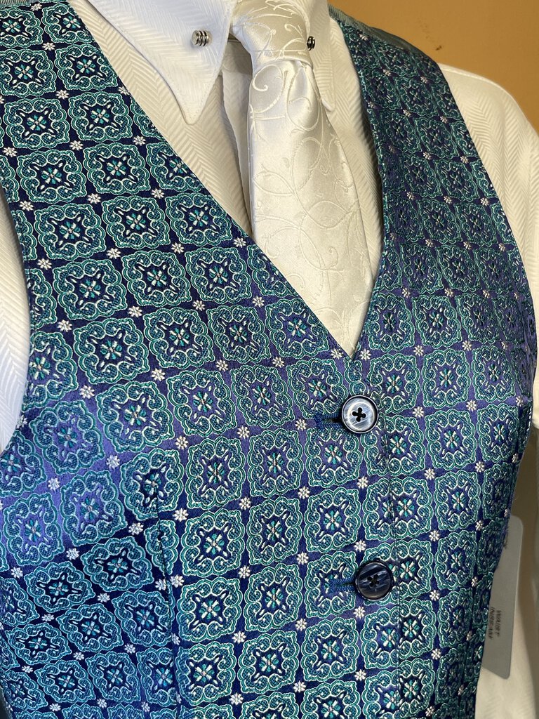 TEAL, PERIWINKLE AND PINK PATTERN DEREGNAUCOURT VEST
