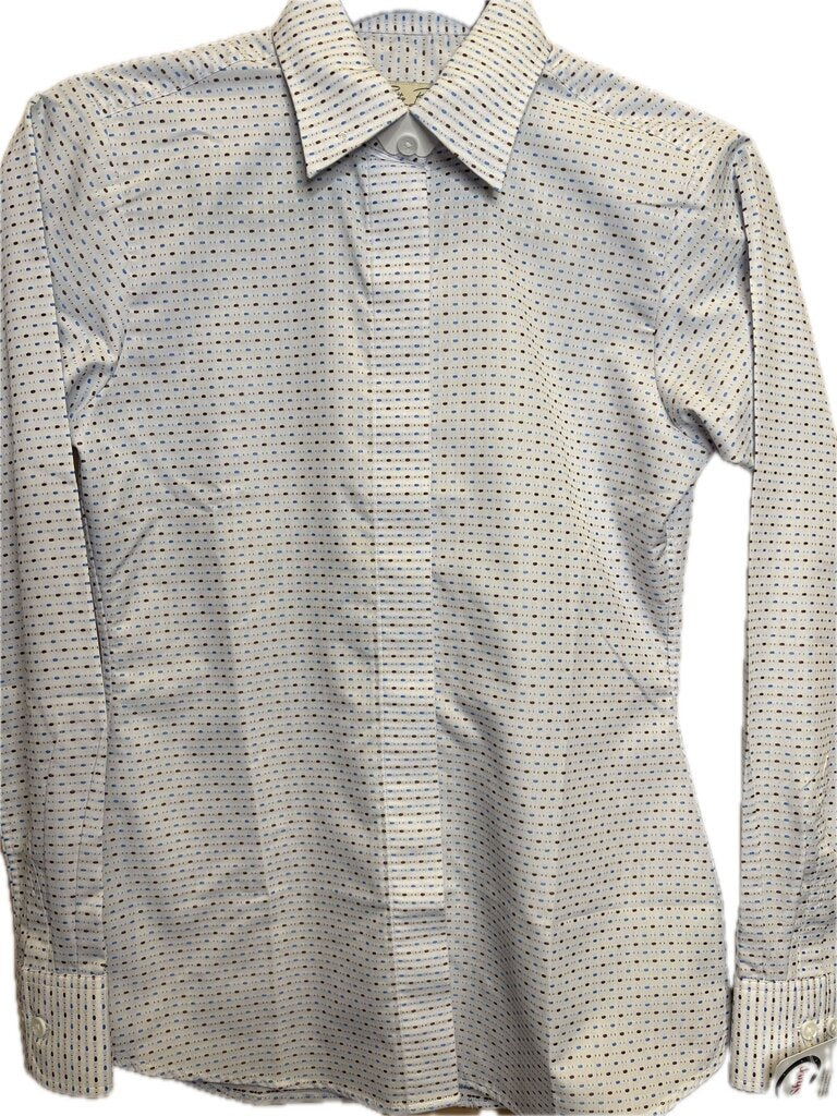 BLUE AND BROWN DASH PATTERN BETTY BERDINE SHIRT
