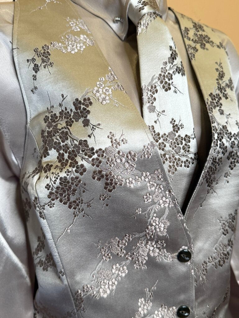 TAUPE PATTERN VEST WITH MATCHING TIE AND SATIN SHIRT