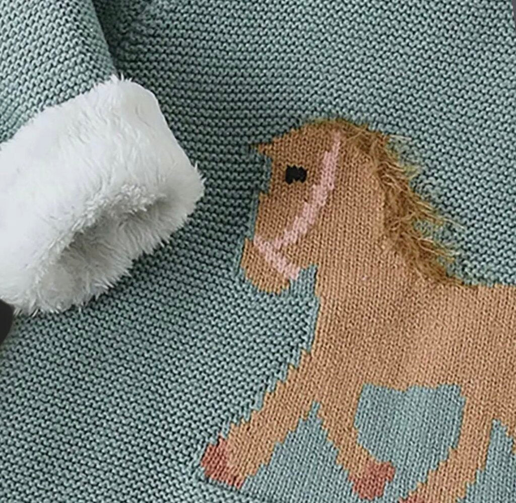 TODDLER HORSE KNIT SWEATER SAGE 6-9 MO MO.