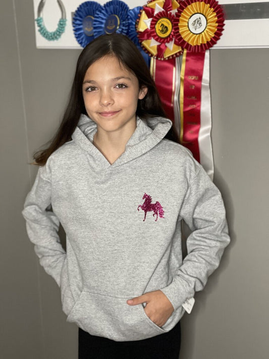 YOUTH HOODIE GRAY WITH PINK GLITTER HORSE
