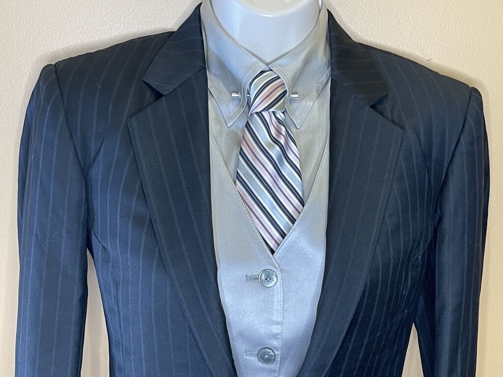 BLACK STRIPE DEREGNAUCOURT DAY SUIT WITH EXTRA FABRIC