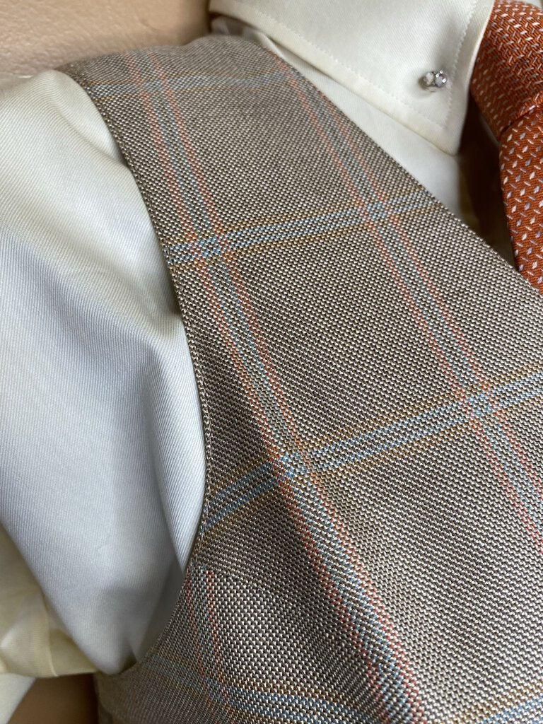 TAN WITH SALMON AND BLUE WINDOWPANE BECKER BROTHERS VEST