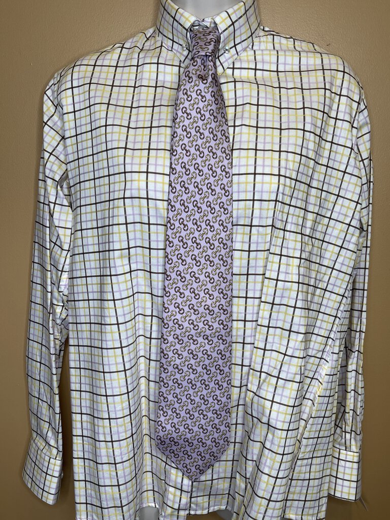 BROWN,YELLOW AND PINK CHECK MARSHA DEARRIAGA SHIRT