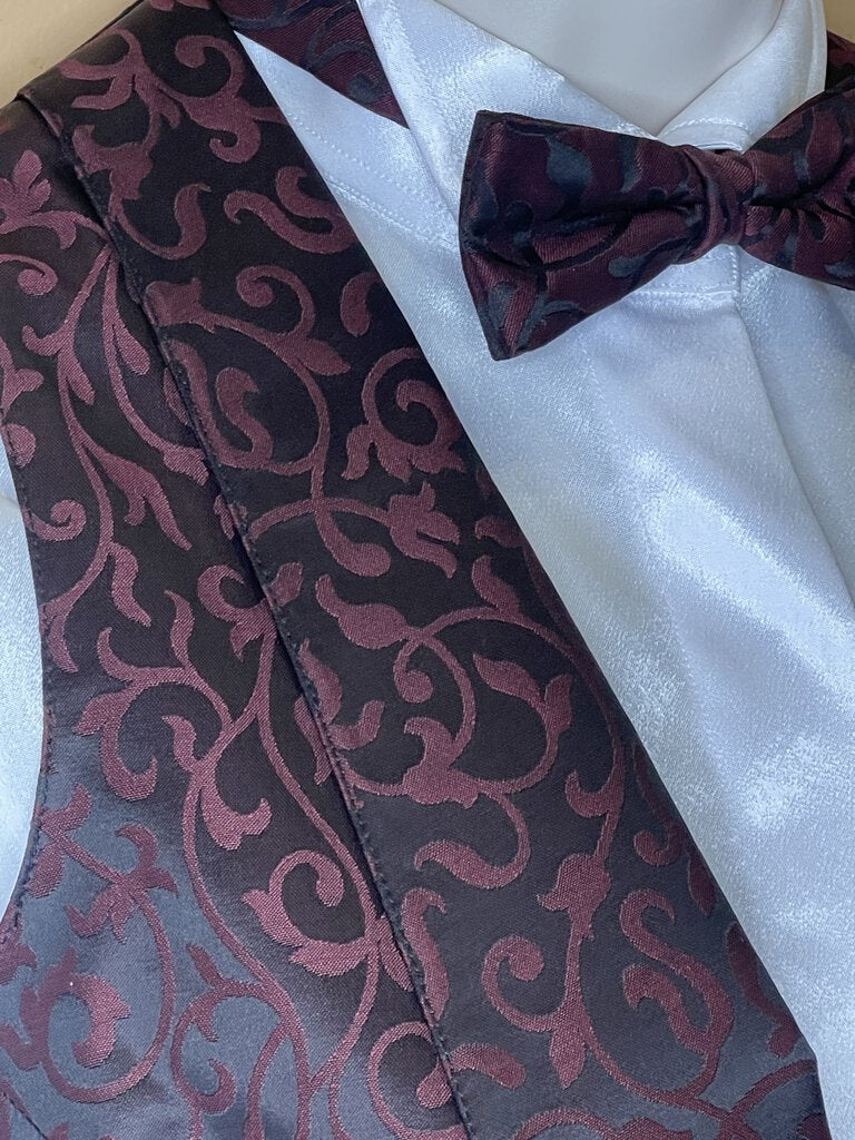 BURGUNDY WITH BLACK PATTERN FORMAL VEST AND BOW TIE BECKER BROTHERS