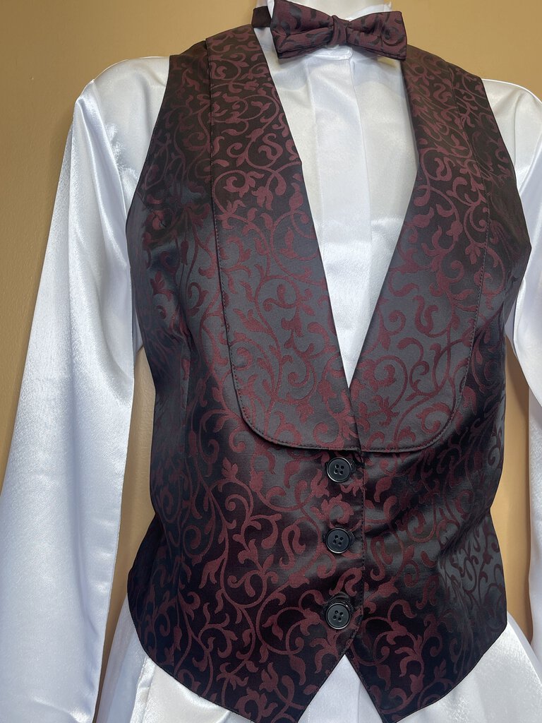 BURGUNDY WITH BLACK PATTERN FORMAL VEST AND BOW TIE BECKER BROTHERS