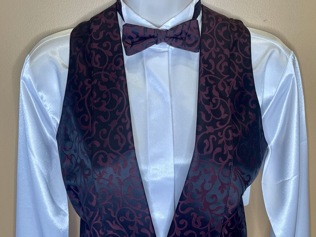 BURGUNDY WITH BLACK PATTERN FORMAL VEST AND BOW TIE BECKER BROTHERS