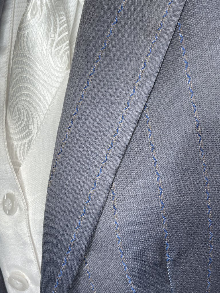 SILVER SHEEN WITH GOLD AND BLUE STRIPE PATTERN SHOW SEASONS DAY SUIT