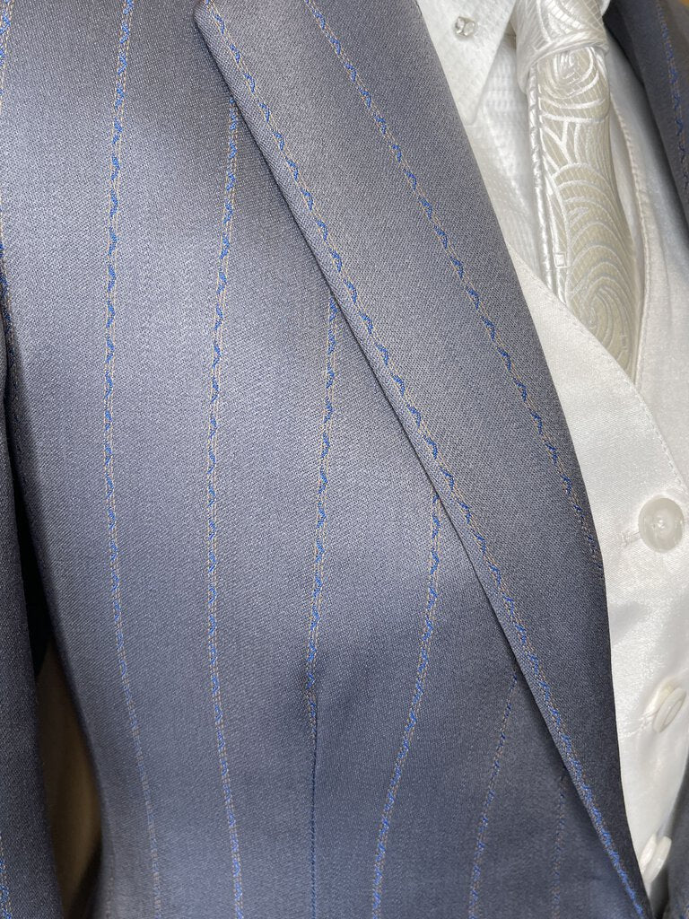 SILVER SHEEN WITH GOLD AND BLUE STRIPE PATTERN SHOW SEASONS DAY SUIT