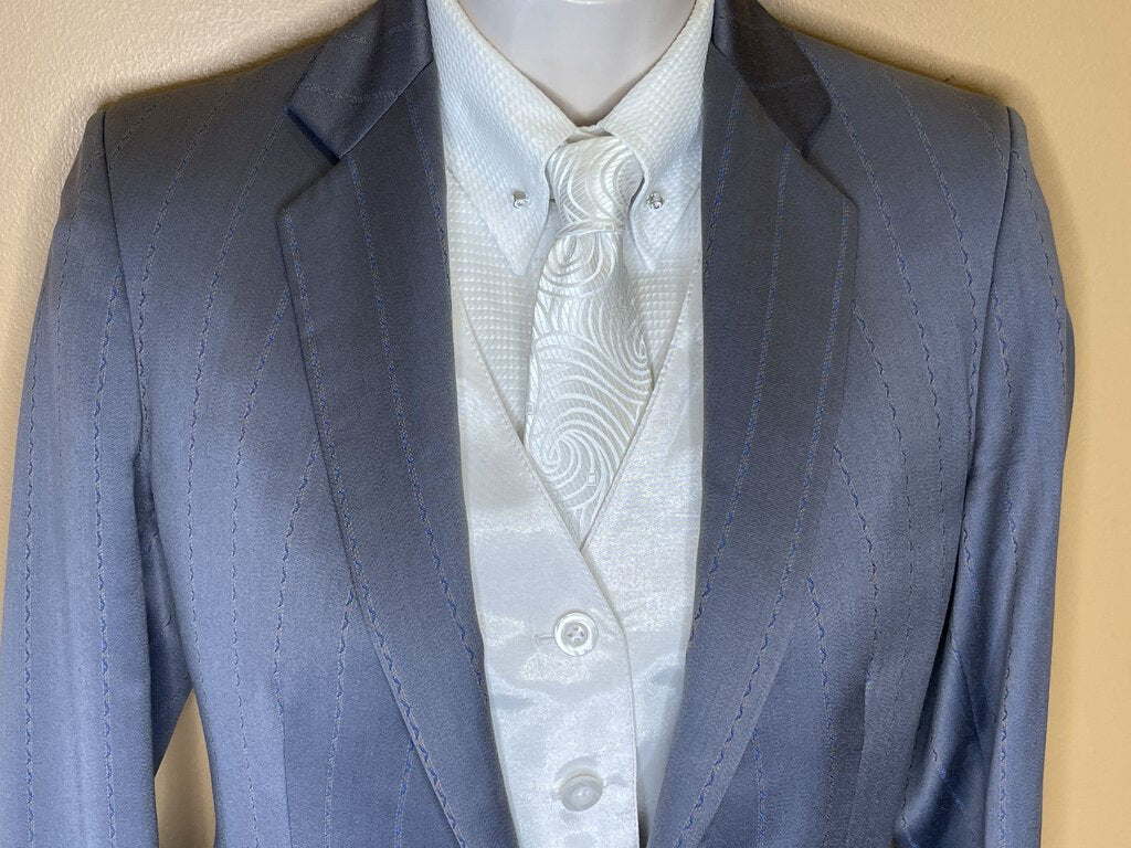 SILVER SHEEN WITH GOLD AND BLUE STRIPE PATTERN SHOW SEASONS DAY SUIT