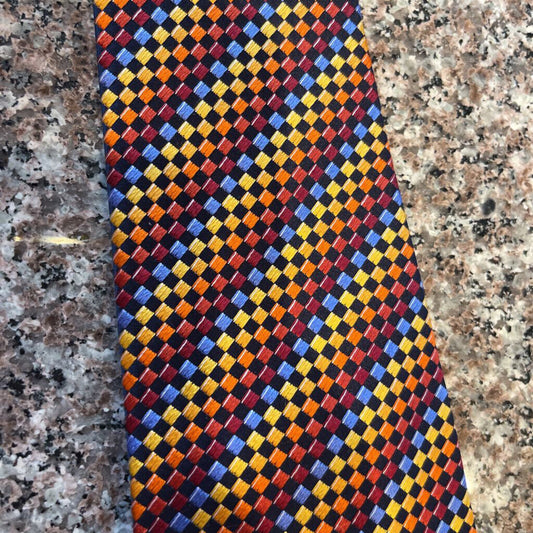 YELLOW ORANGE RED BLUE CHECK TIE