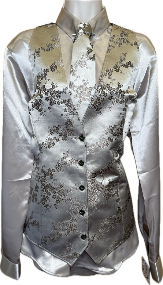 TAUPE PATTERN VEST WITH MATCHING TIE AND SATIN SHIRT