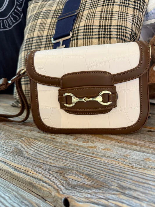 PURSE SNAFFLE BIT WHITE WITH BROWN TRIM