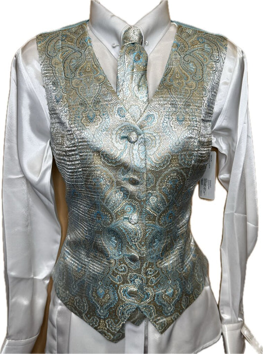 GOLD AND TEAL PATTERN VEST WITH MATCHING TIE AND BOW TIE MARSHA