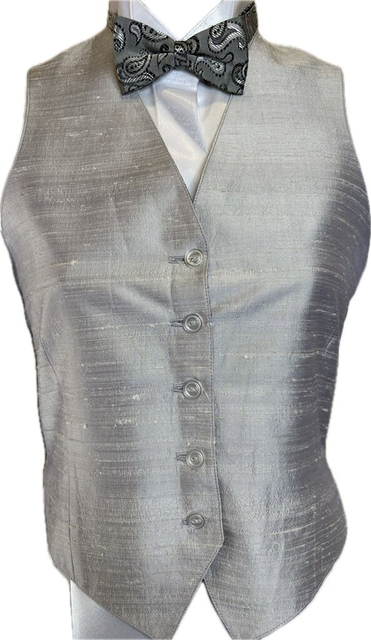 SILVER DUPIONI SILK BLUE RIBBON BOUTIQUE VEST