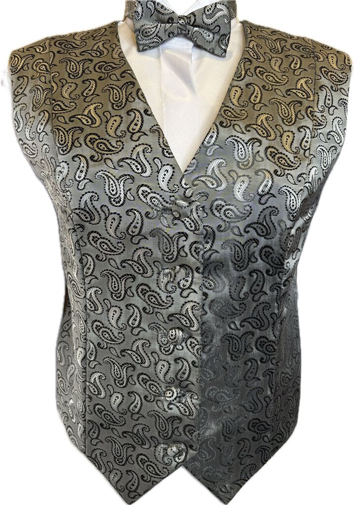 SILVER AND BLACK PAISLEY VEST WITH MATCHING BOW TIE MARSHA DEARRIAGA