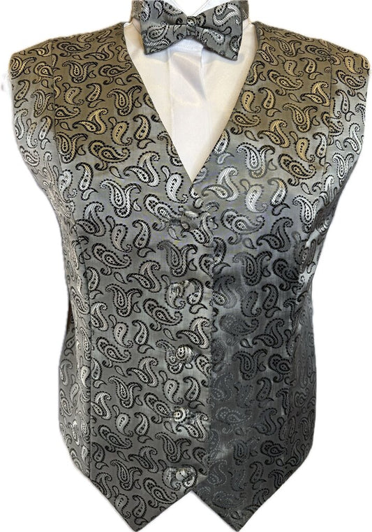 SILVER AND BLACK PAISLEY VEST WITH MATCHING BOW TIE MARSHA DEARRIAGA