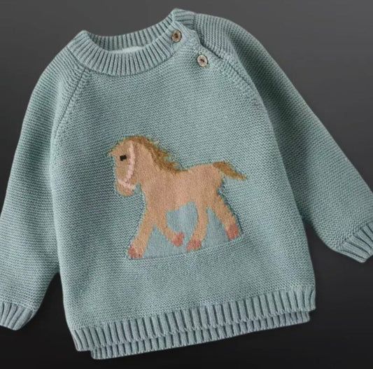 TODDLER HORSE KNIT SWEATER SAGE 6-9 MO MO.