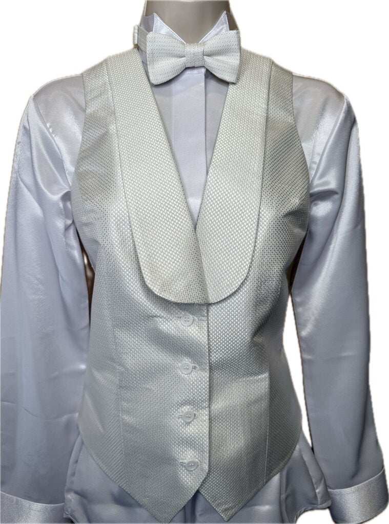 BRAND-NEW WHITE WITH SILVER DOT FORMAL VEST AND BOW TIE BETTY BERDINE
