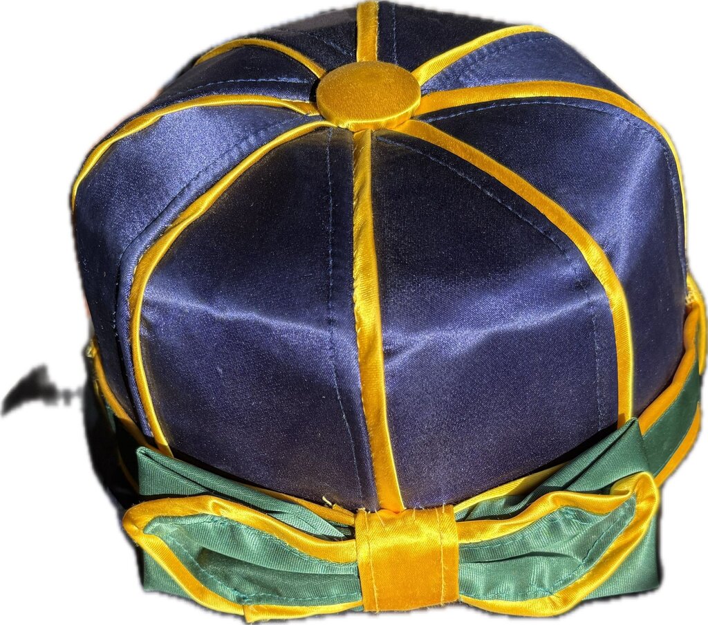 BLUE, GREEN AND YELLOW ROAD SILKS WITH MATCHING HAT
