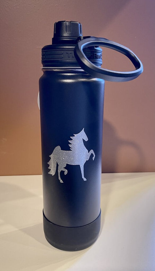 WATER BOTTLE 40OZ. BLACK WITH SILVER GLITTER HORSE