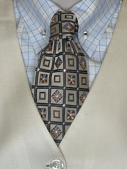 TIE TAUPE/CREAM WITH BLUE ORANGE SQUARES