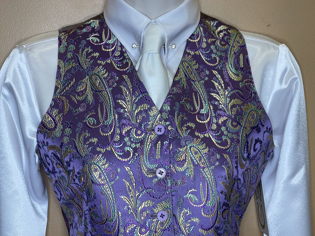 PURPLE, GOLD, TEAL PAISLEY VEST MARSHA DEARRIAGA