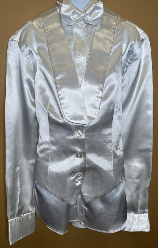 WHITE SATIN FORMAL VEST,SHIRT, BOWTIE COMBO BECKER BROTHERS