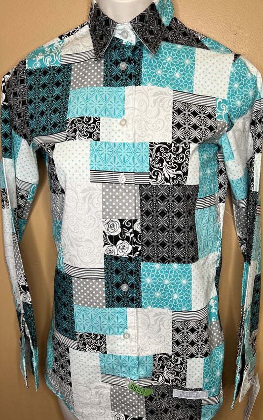 TEAL AND BLACK PATCHWORK SHIRT